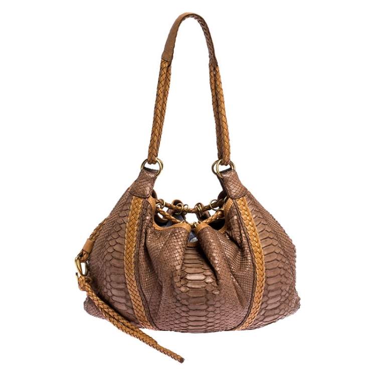 Pre Owned Loewe Brown/Tan Python Leather Drawstring Shoulder Bag