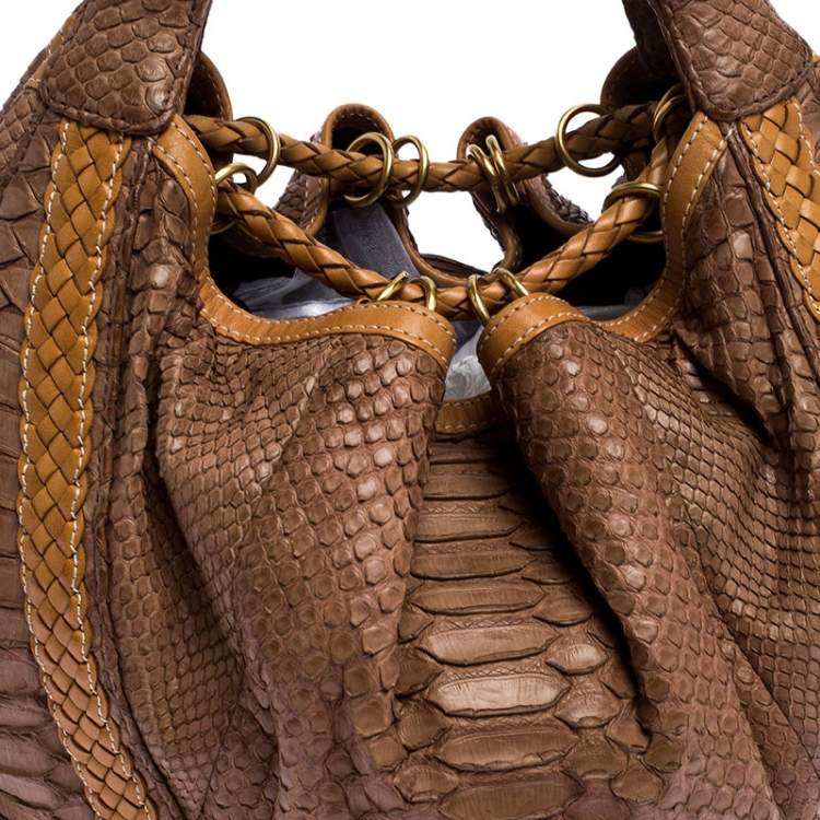 Pre Owned Loewe Brown/Tan Python Leather Drawstring Shoulder Bag