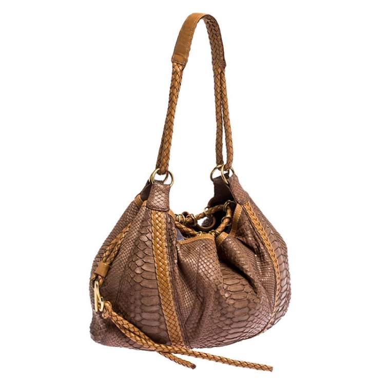 Pre Owned Loewe Brown/Tan Python Leather Drawstring Shoulder Bag