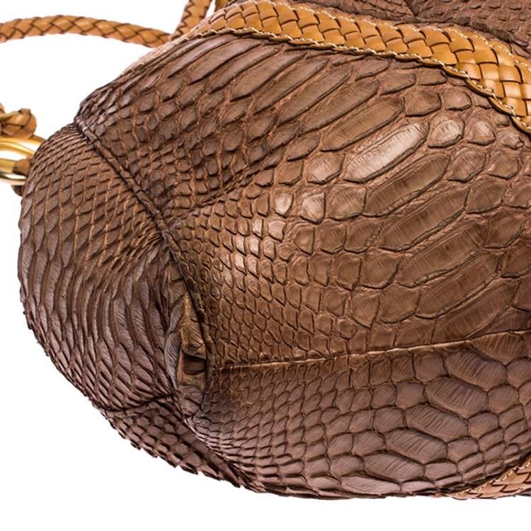 Pre Owned Loewe Brown/Tan Python Leather Drawstring Shoulder Bag