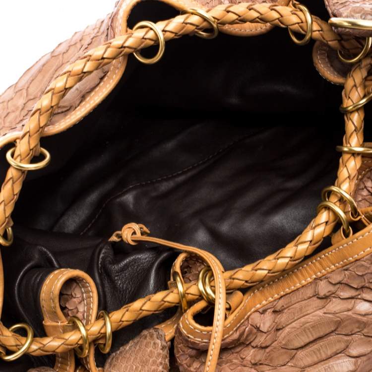 Pre Owned Loewe Brown/Tan Python Leather Drawstring Shoulder Bag