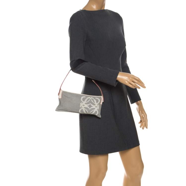 Pre Owned Loewe Grey/White Canvas and Leather Small Shoulder Bag