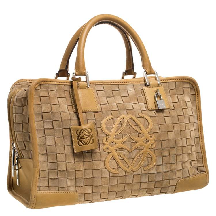 Pre Owned Loewe Light Brown Leather and Suede Woven Amazona 36 Tote