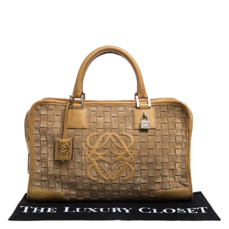 Pre Owned Loewe Light Brown Leather and Suede Woven Amazona 36 Tote