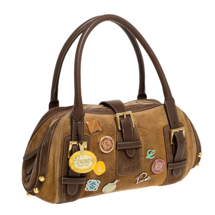Pre Owned Loewe Brown Badge Suede and Leather 160th Anniversary Satchel