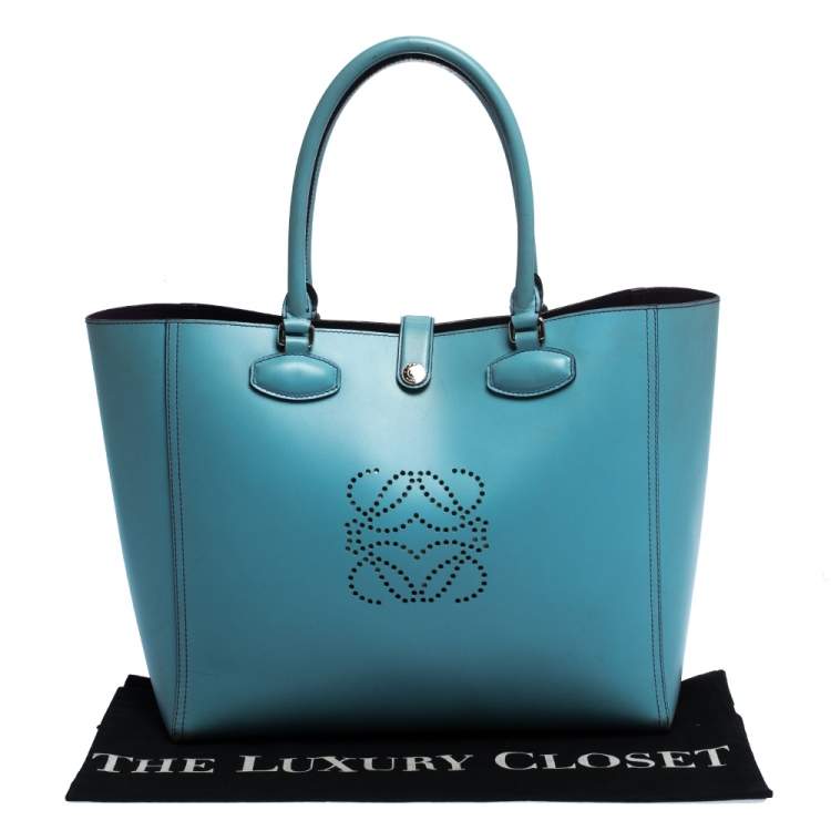 Pre Owned  Loewe Light Blue Perforated Logo Leather Leo Tote