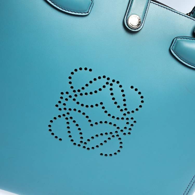 Pre Owned  Loewe Light Blue Perforated Logo Leather Leo Tote