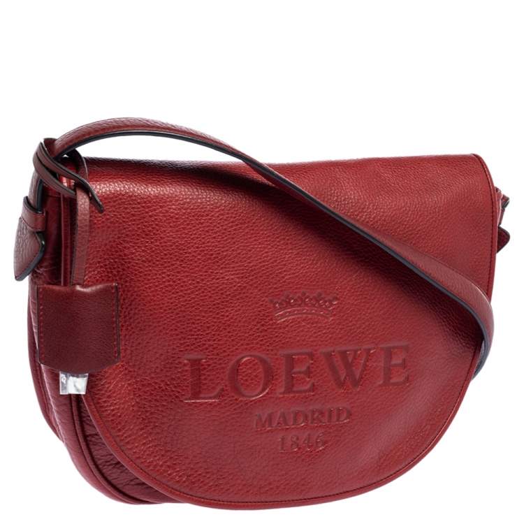 Pre Owned Loewe Red Leather Logo Embossed Flap Crossbody Bag