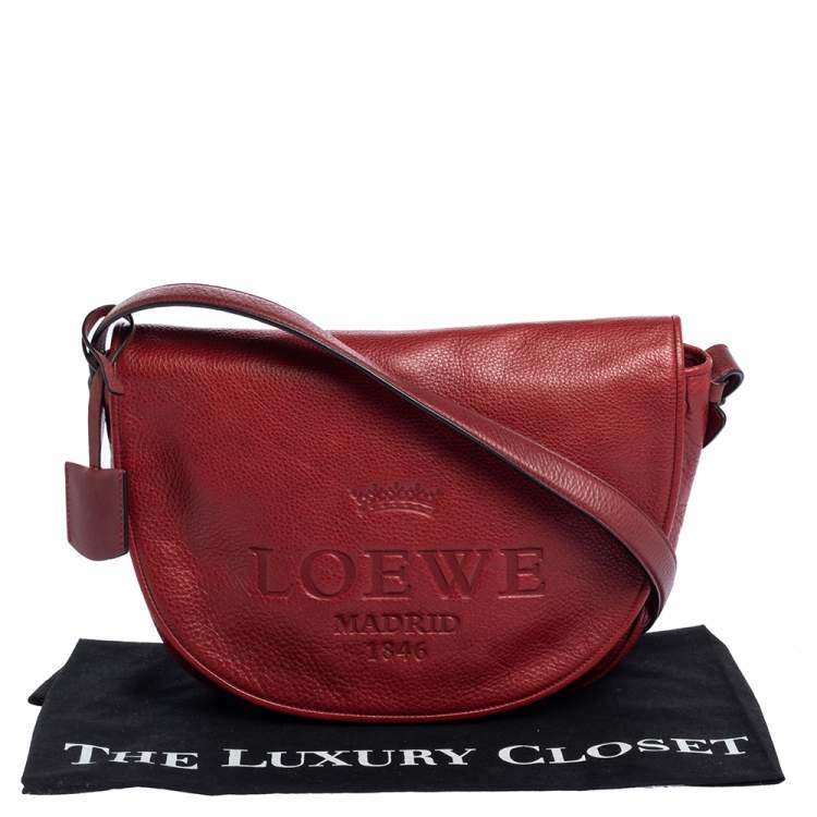 Pre Owned Loewe Red Leather Logo Embossed Flap Crossbody Bag