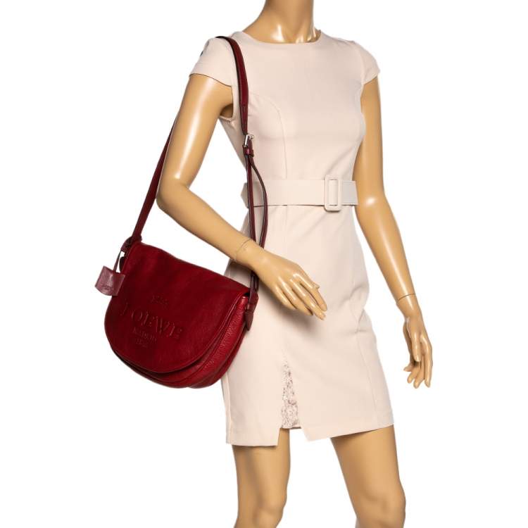 Pre Owned Loewe Red Leather Logo Embossed Flap Crossbody Bag