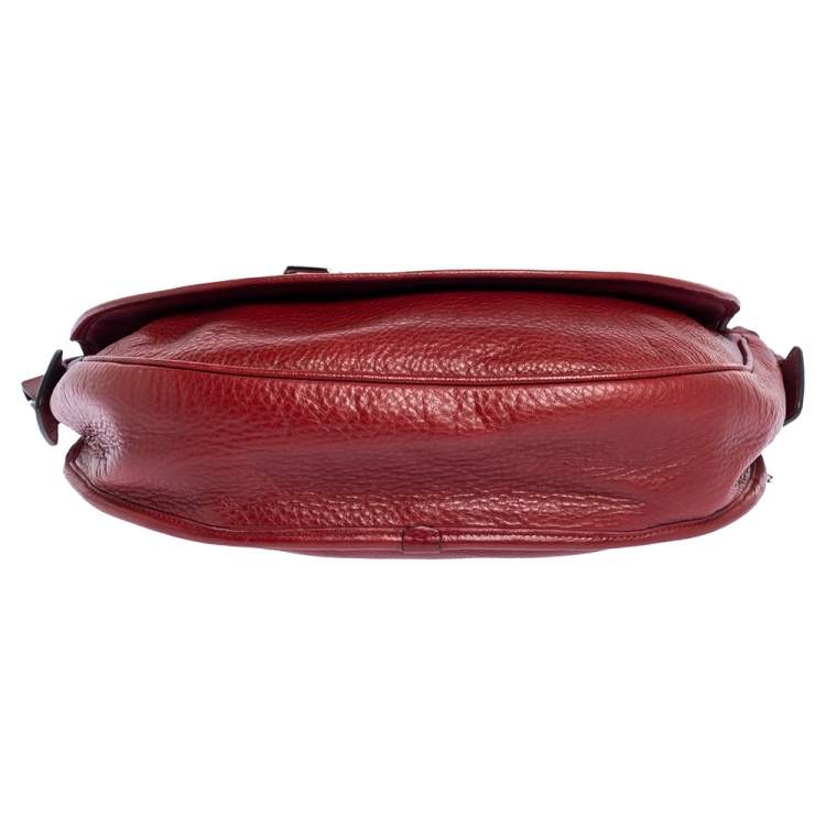 Pre Owned Loewe Red Leather Logo Embossed Flap Crossbody Bag