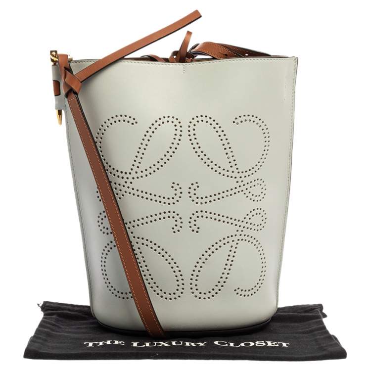 Pre Owned Loewe White/Brown Leather Gate Anagram Bucket Bag