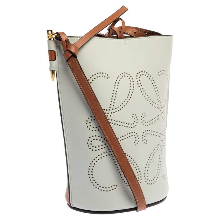 Pre Owned Loewe White/Brown Leather Gate Anagram Bucket Bag