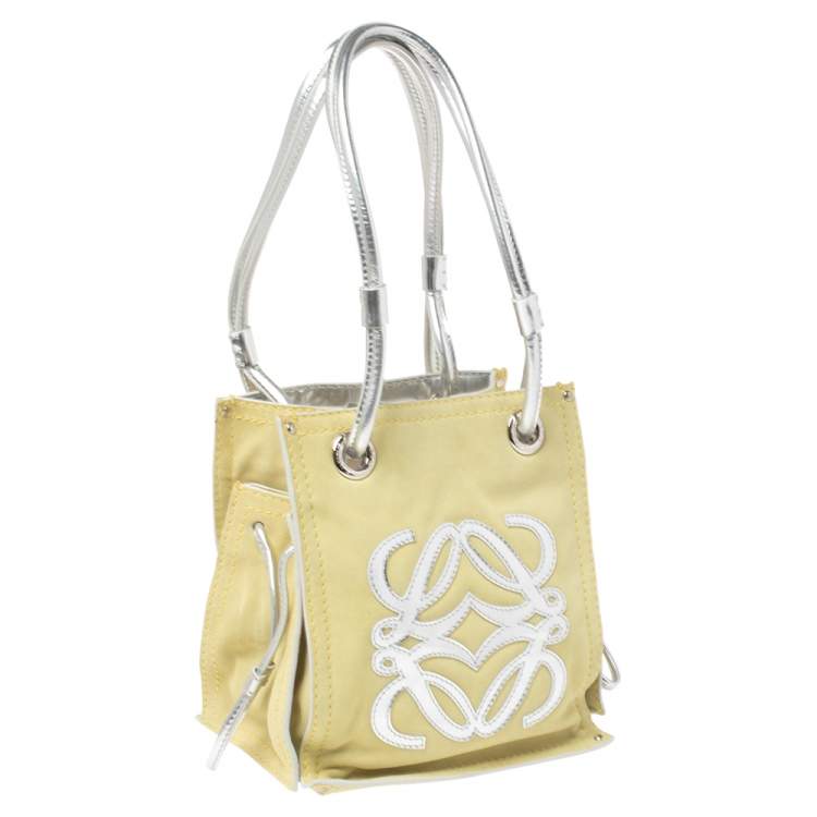 Pre Owned Loewe Silver/Yellow Leather and Suede Drawstring Bag