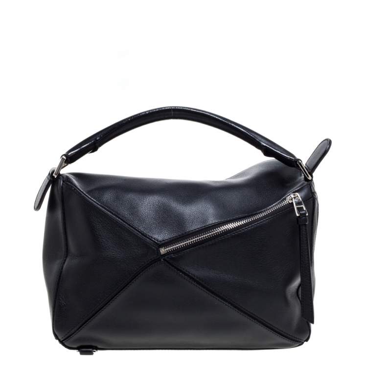 Pre Owned Loewe Black Leather Medium Puzzle Top Handle Bag