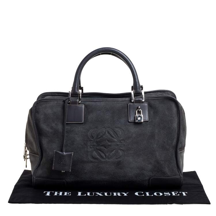 Pre Owned Loewe Grey Suede and Leather Amazona Medium Boston Bag