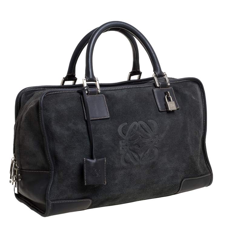 Pre Owned Loewe Grey Suede and Leather Amazona Medium Boston Bag