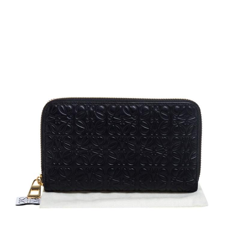 Pre Owned Loewe Black Monogram Embossed Leather Zip Around Wallet