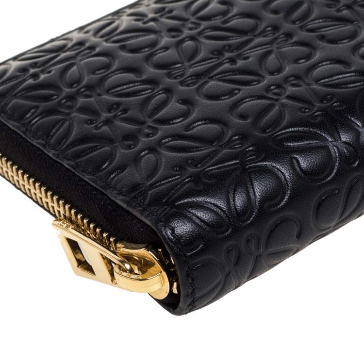 Pre Owned Loewe Black Monogram Embossed Leather Zip Around Wallet