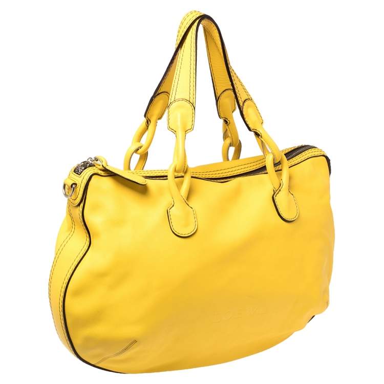 Pre Owned Loewe Yellow Leather Logo Embossed Shoulder Bag