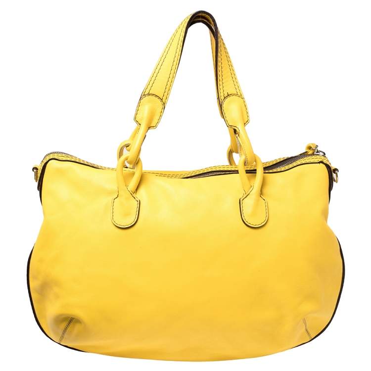 Pre Owned Loewe Yellow Leather Logo Embossed Shoulder Bag