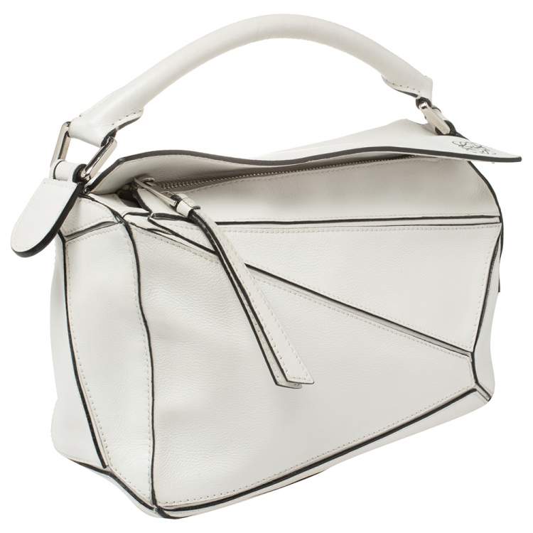 Pre Owned Loewe White Leather Small Puzzle Shoulder Bag