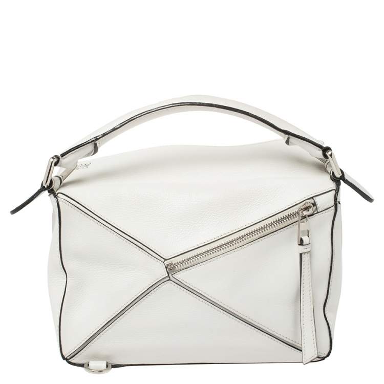 Pre Owned Loewe White Leather Small Puzzle Shoulder Bag