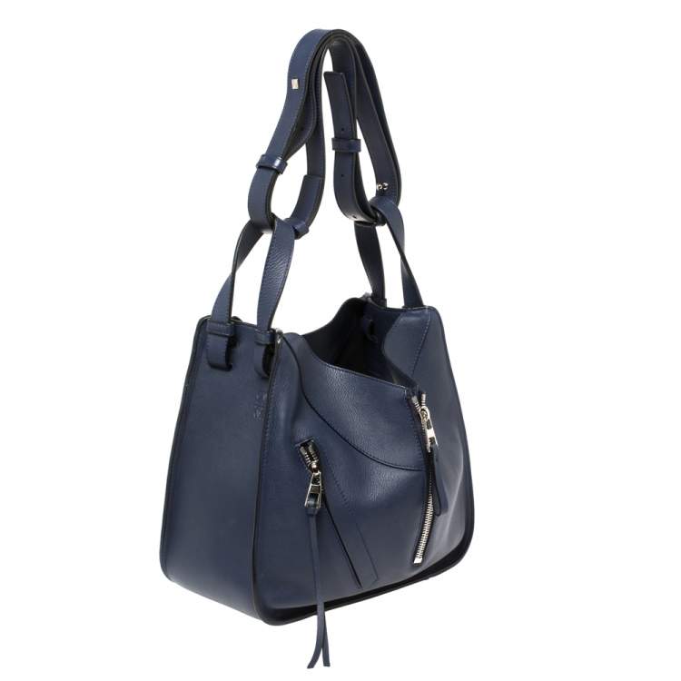 Pre Owned Loewe Navy Blue Leather Hammock Drawstring Shoulder Bag