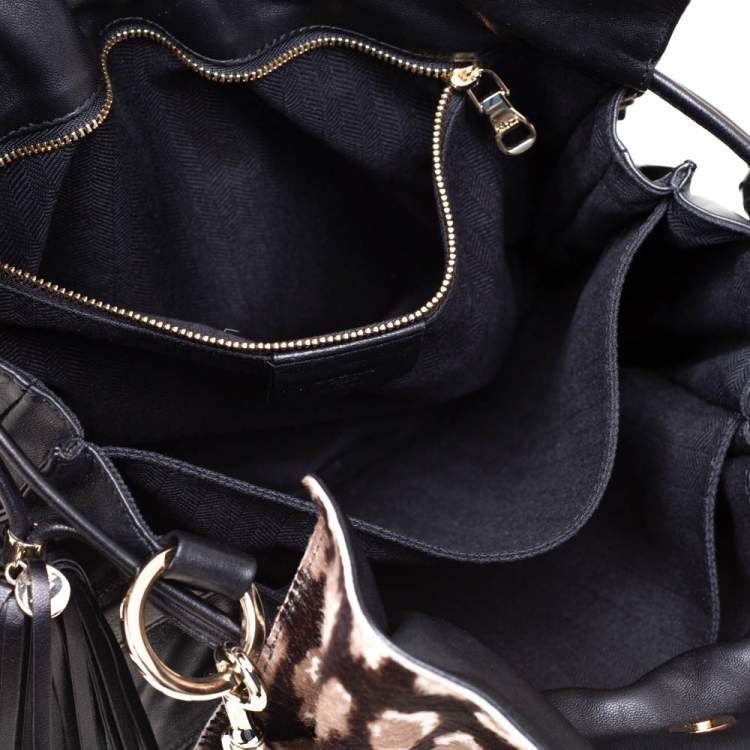 Pre Owned Loewe Black/Brown Leopard Print Calfhair and Leather Tassel Shoulder Bag