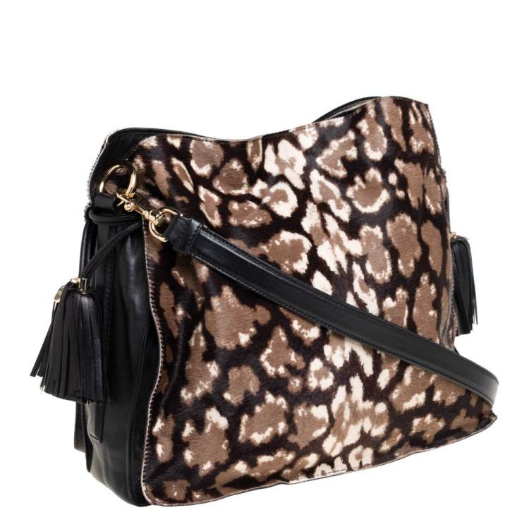 Pre Owned Loewe Black/Brown Leopard Print Calfhair and Leather Tassel Shoulder Bag