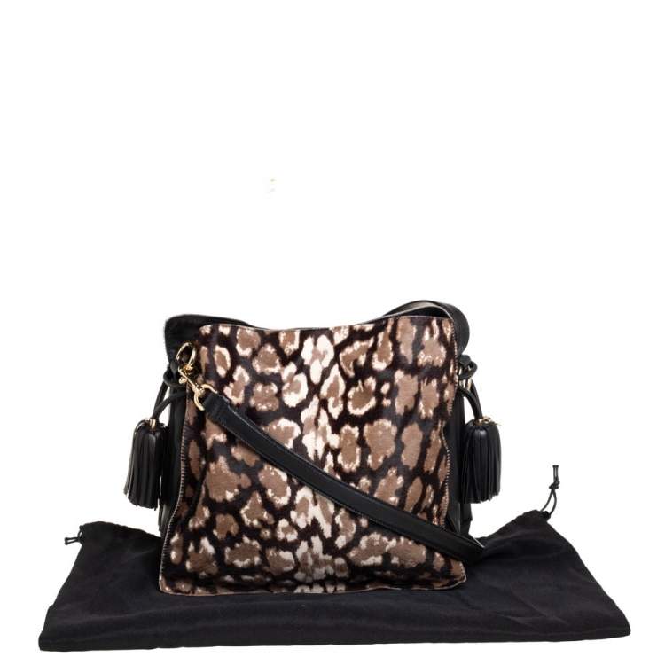 Pre Owned Loewe Black/Brown Leopard Print Calfhair and Leather Tassel Shoulder Bag