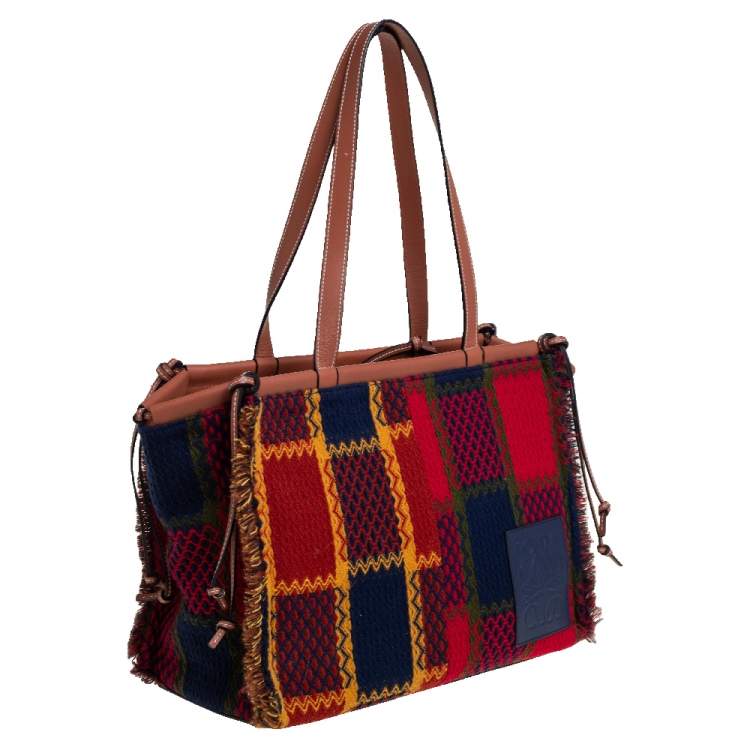 Pre Owned Loewe Multicolor Tartan Wool and Leather Tote