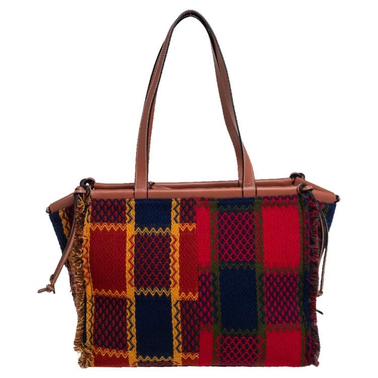 Pre Owned Loewe Multicolor Tartan Wool and Leather Tote