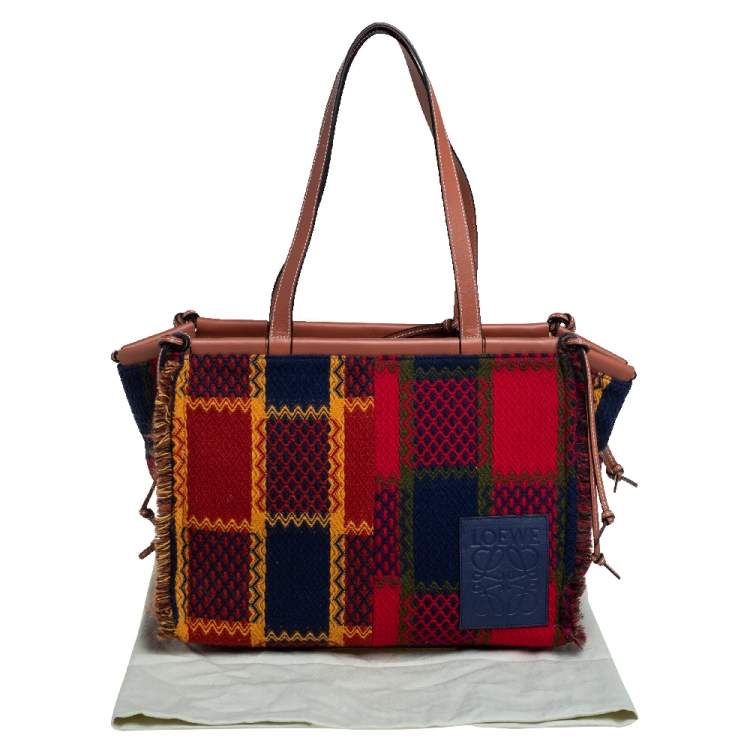 Pre Owned Loewe Multicolor Tartan Wool and Leather Tote