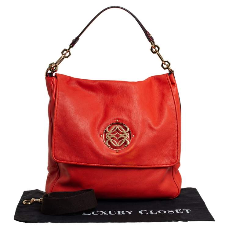 Pre Owned Loewe Orange Leather Maia Anagram Flap Top Handle Bag