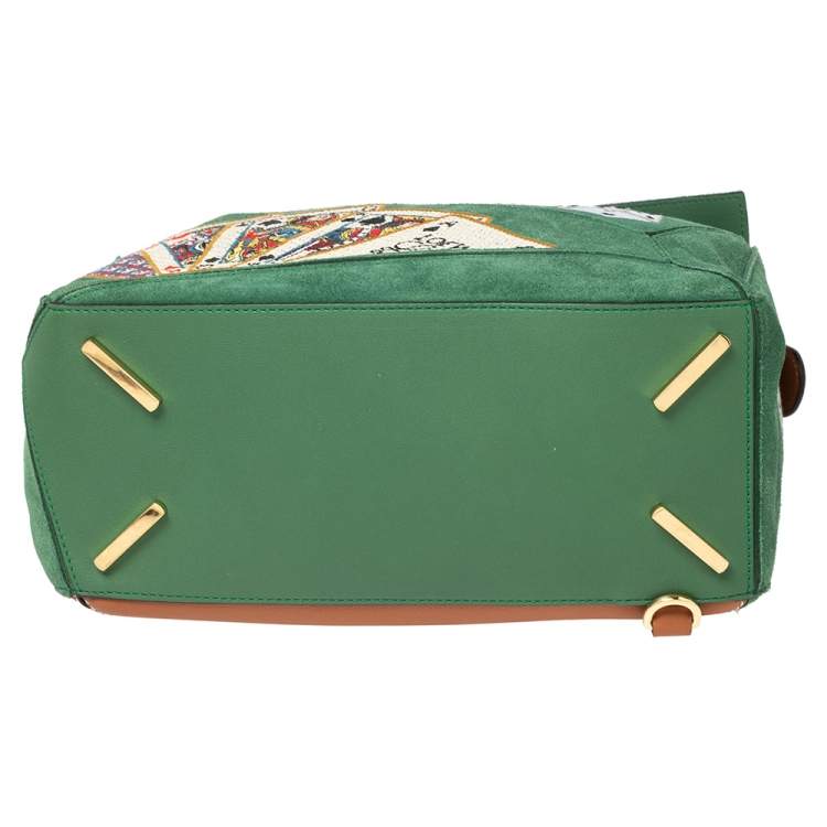 Pre Owned Loewe Green/Brown Suede and Leather Playing Card Puzzle Shoulder Bag