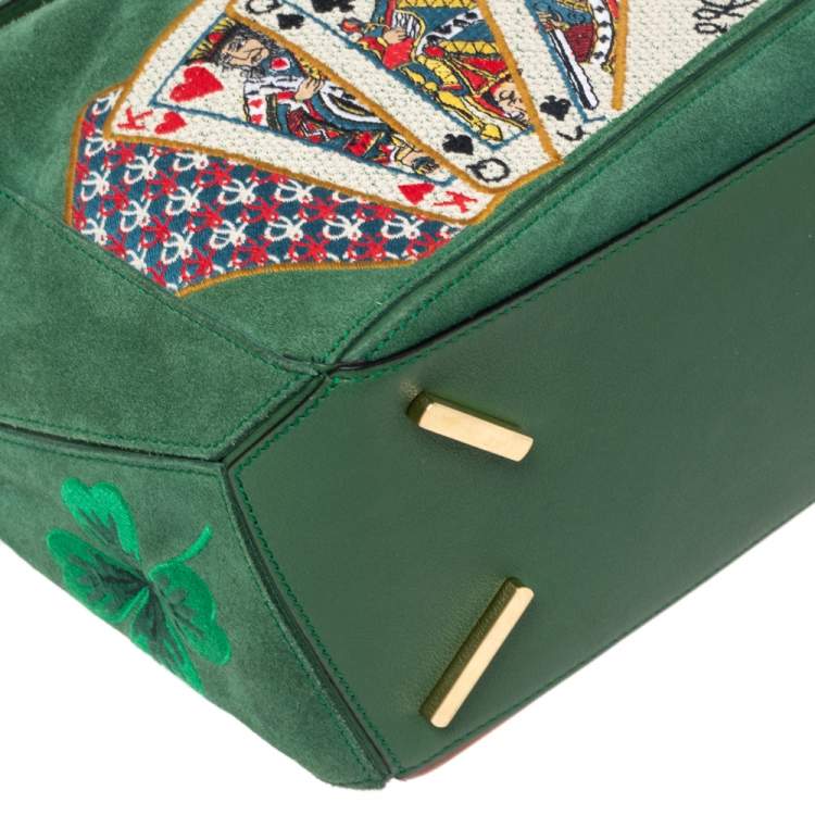 Pre Owned Loewe Green/Brown Suede and Leather Playing Card Puzzle Shoulder Bag