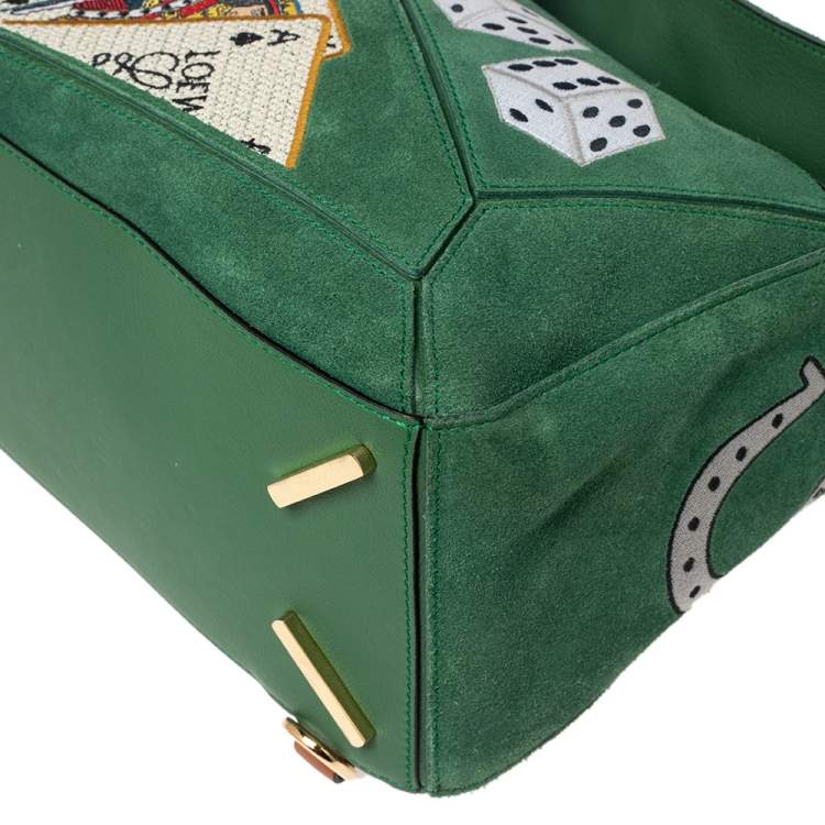 Pre Owned Loewe Green/Brown Suede and Leather Playing Card Puzzle Shoulder Bag
