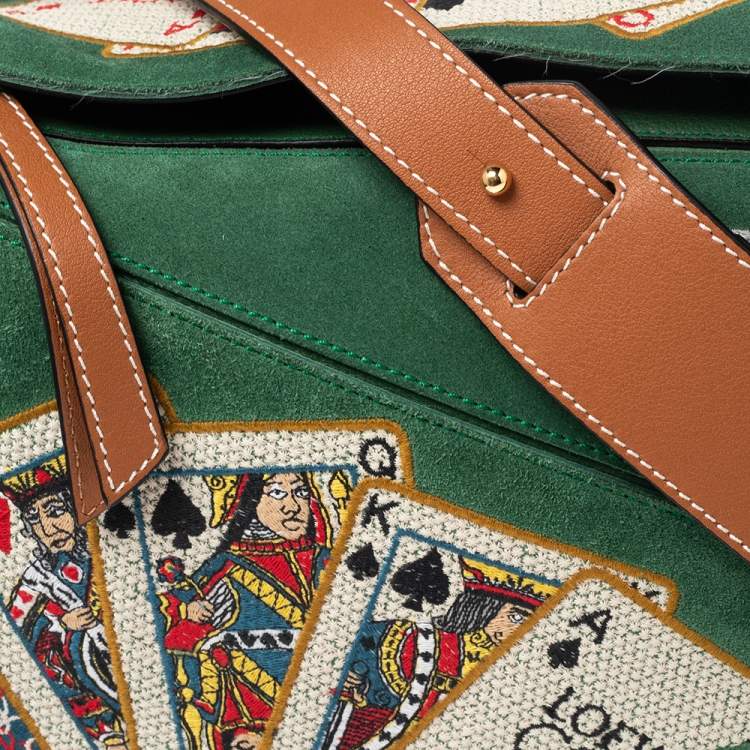 Pre Owned Loewe Green/Brown Suede and Leather Playing Card Puzzle Shoulder Bag