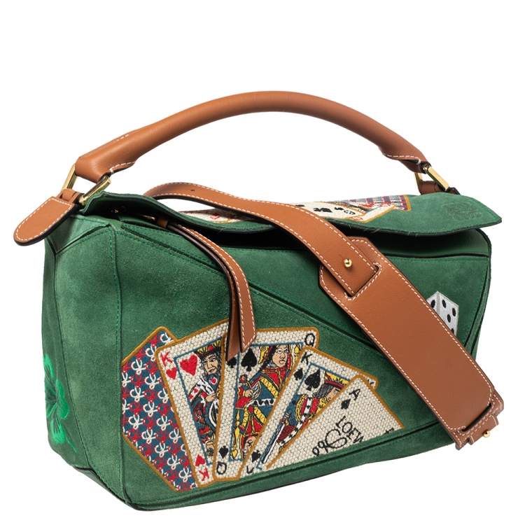 Pre Owned Loewe Green/Brown Suede and Leather Playing Card Puzzle Shoulder Bag