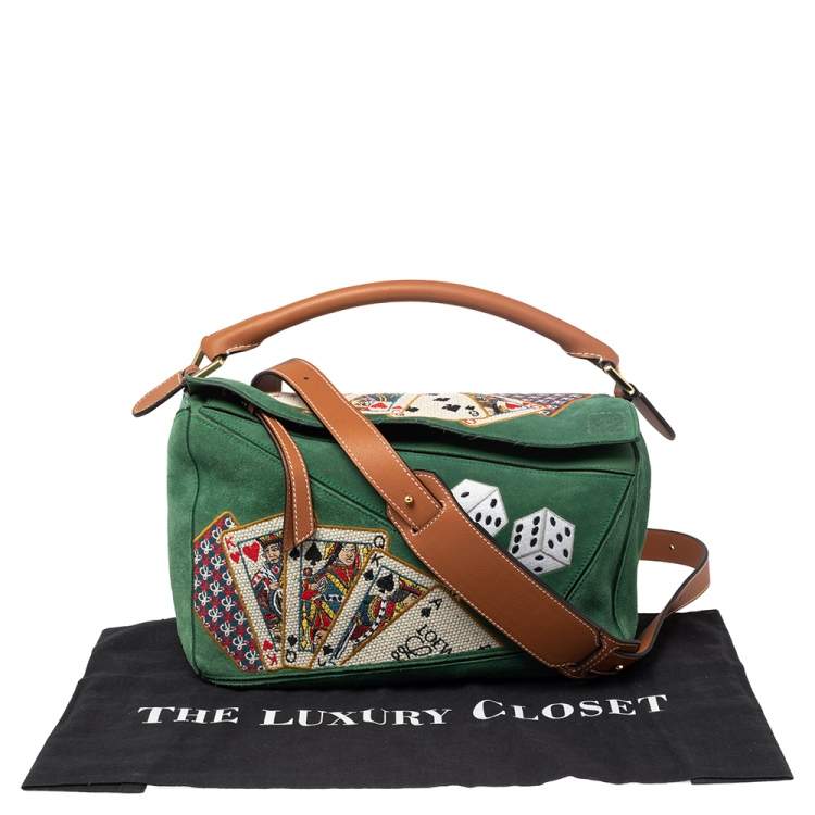 Pre Owned Loewe Green/Brown Suede and Leather Playing Card Puzzle Shoulder Bag