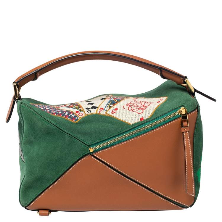 Pre Owned Loewe Green/Brown Suede and Leather Playing Card Puzzle Shoulder Bag