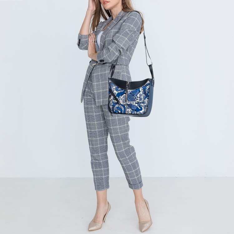 Pre Owned Loewe Black/Blue Bird Jacquard Canvas and Leather Hammock Bag