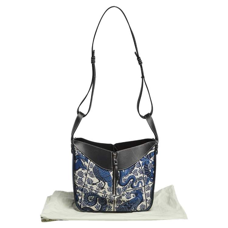 Pre Owned Loewe Black/Blue Bird Jacquard Canvas and Leather Hammock Bag