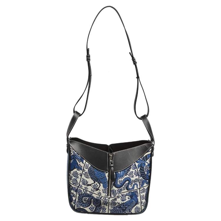 Pre Owned Loewe Black/Blue Bird Jacquard Canvas and Leather Hammock Bag
