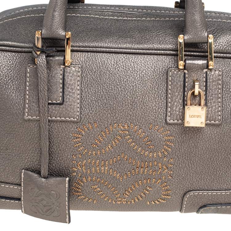 Pre Owned Loewe Metallic Grey Grained Leather Small Amazona Satchel