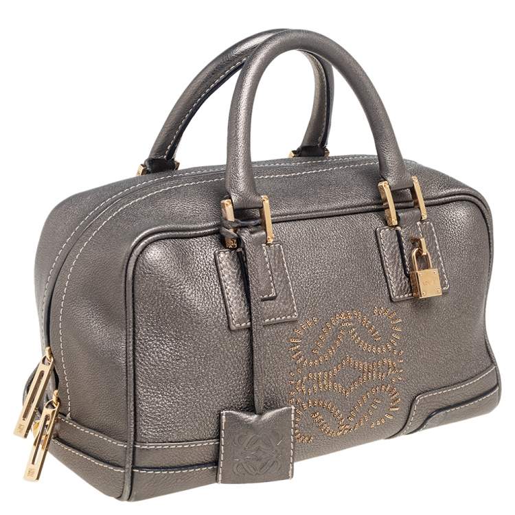Pre Owned Loewe Metallic Grey Grained Leather Small Amazona Satchel