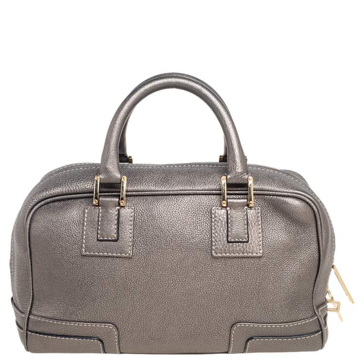 Pre Owned Loewe Metallic Grey Grained Leather Small Amazona Satchel