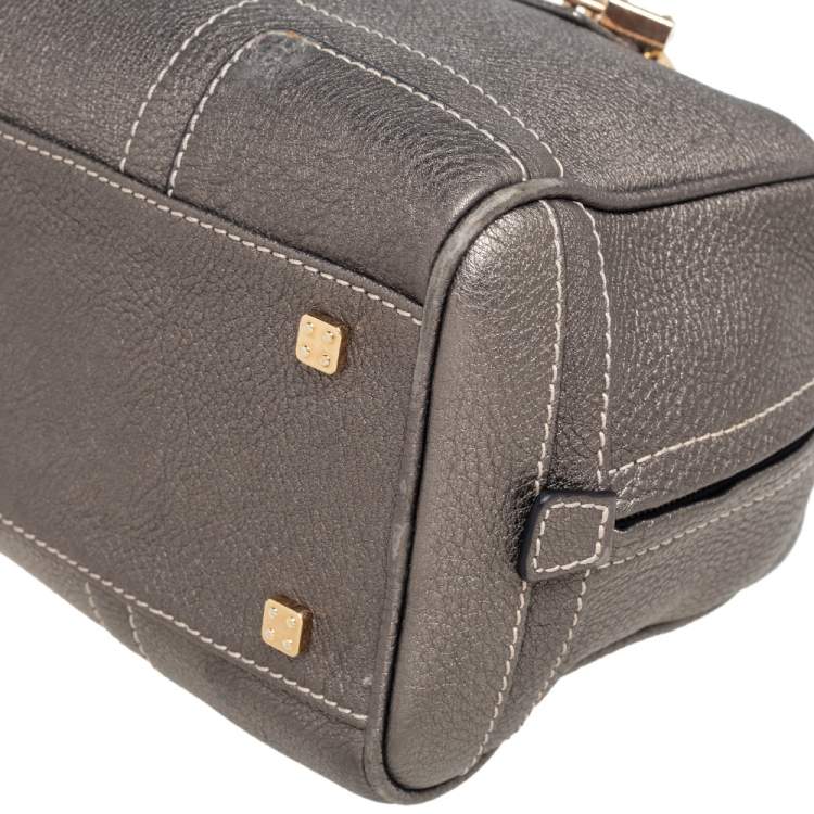 Pre Owned Loewe Metallic Grey Grained Leather Small Amazona Satchel