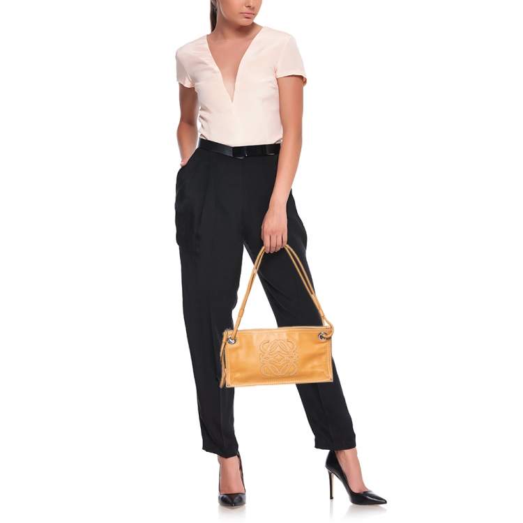 Pre Owned Loewe Tan Leather Logo & Anagram Patch Shoulder Bag